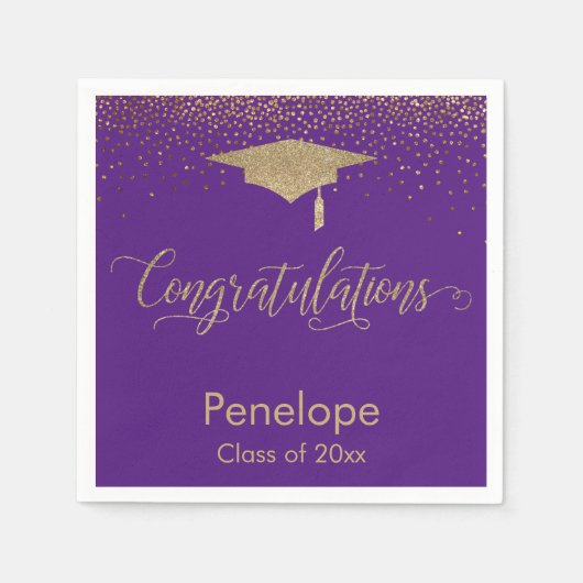 Serviette En Papier Félicitations Gold Graduation Cap Purple (Devant)