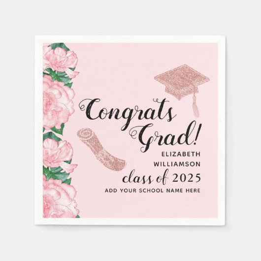 Serviette En Papier Félicitations Grad Floral Pink Classe 2025 Graduat (Devant)