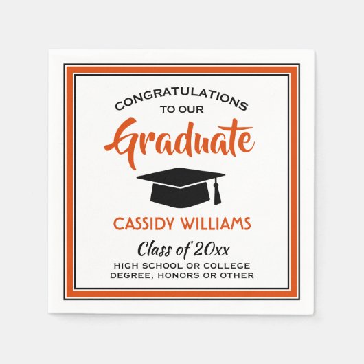 Serviette En Papier Félicitations Orange Black and White Graduation (Devant)