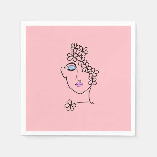 Serviette En Papier Femme Avec Fleurs Ligne Art Rose (Devant)