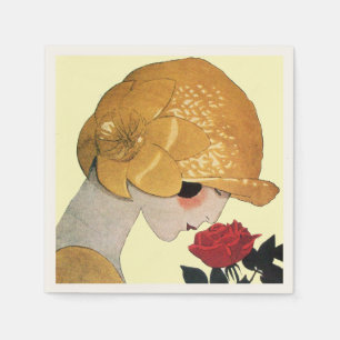 Serviette En Papier FEMME AVEC ROSE ROUGE, Crème