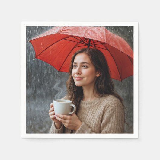 Serviette En Papier Femme avec une coupe de café chaud sous un paraplu (Devant)