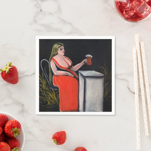 Serviette En Papier Femme courbée avec une tasse de bière (En situation)