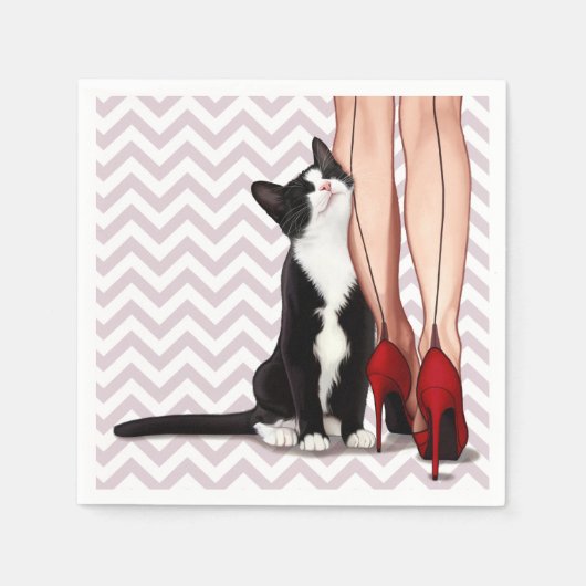 Serviette En Papier Femme et chat Tuxedo (Devant)