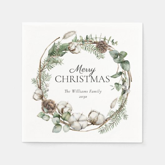 Serviette En Papier Ferme rustique Verdure Wreath Joyeux Noël (Devant)