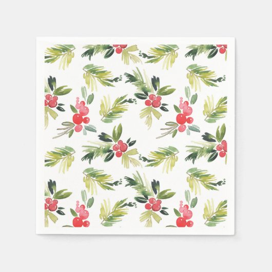 Serviette En Papier Festif Aquarelle Holly Noël Motif (Devant)