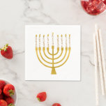 Serviette En Papier Festif Menorah Hanoukka Céleste bougies Mariage<br><div class="desc">Faux bougies menorah en feuille d'or pour votre fête Hanoukka. Illustration de la menorah lunaire avec des étoiles blanches recouvertes de bougies célestes sur un socle de bougies menorah en faux or. Menorah élégant mariage étoilé Hanoukka illustrés cadeaux design et produits en papier.</div>
