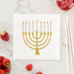 Serviette En Papier Festif Menorah Hanoukka Céleste bougies Mariage<br><div class="desc">Faux bougies menorah en feuille d'or pour votre fête Hanoukka. Illustration de la menorah lunaire avec des étoiles blanches recouvertes de bougies célestes sur un socle de bougies menorah en faux or. Menorah élégant mariage étoilé Hanoukka illustrés cadeaux design et produits en papier.</div>