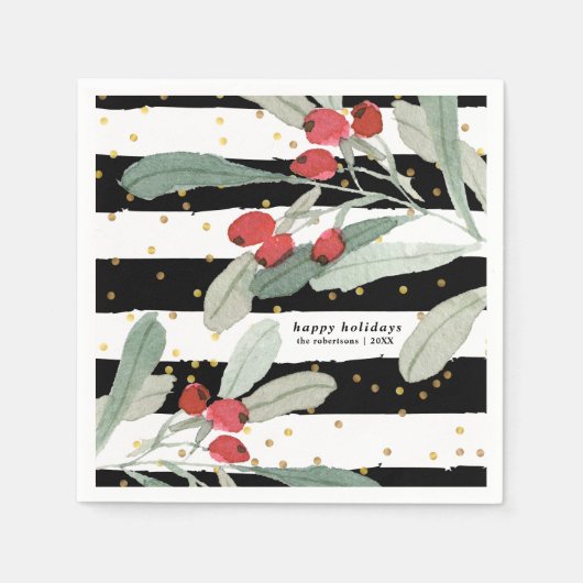 Serviette En Papier Festif Noël Botaniques Fêtes Or (Devant)