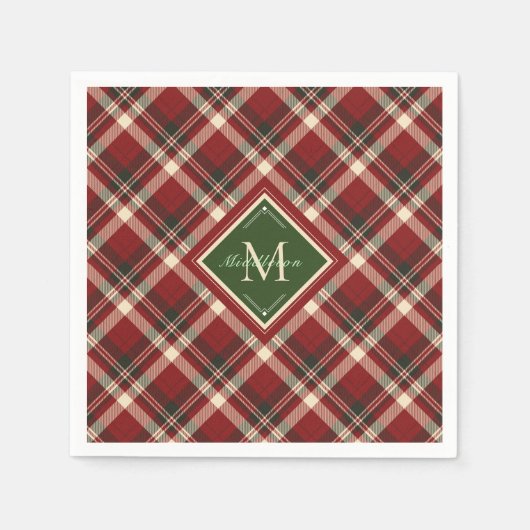 Serviette En Papier Festif Noël Rustique Rouge Vert Plaid Monogramme (Devant)