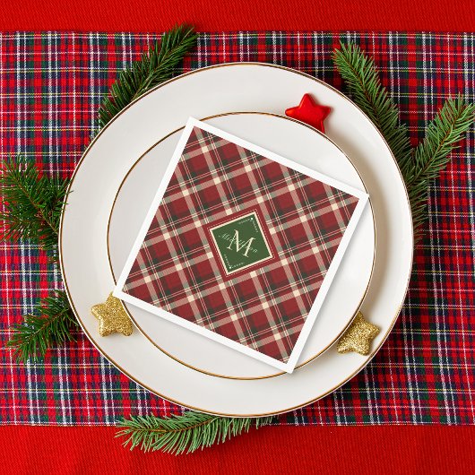 Serviette En Papier Festif Noël Rustique Rouge Vert Plaid Monogramme
