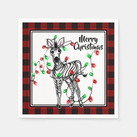 Serviette En Papier Festive Festive Zebra rouge noir lumières plaid (Devant)