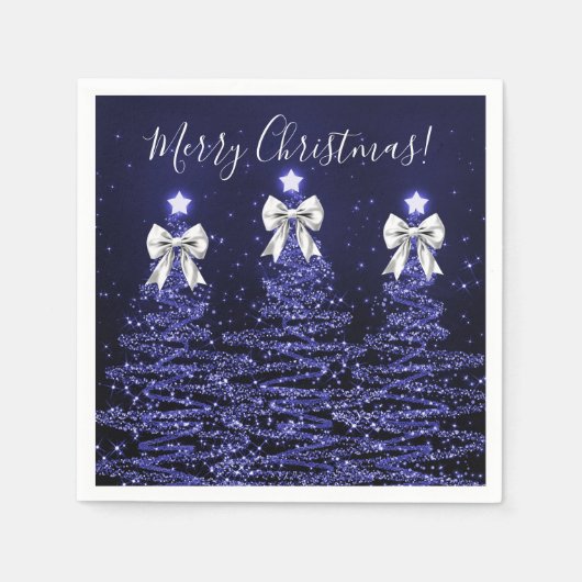 Serviette En Papier Festive Holiday Navy Christmas Trees Silver Bows (Devant)