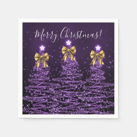 Serviette En Papier Festive Holiday Purple Christmas Trees Gold Bows (Devant)