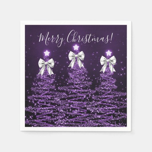 Serviette En Papier Festive Holiday Purple Christmas Trees Silver Bows (Devant)