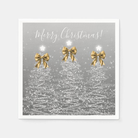 Serviette En Papier Festive Holiday Silver Christmas Trees Gold Bows (Devant)