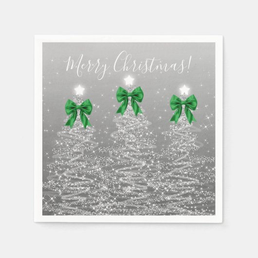 Serviette En Papier Festive Holiday Silver Christmas Trees Green Bows (Devant)