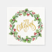Serviette En Papier Festive Holly Wreath - Gold Foil Joyeux Noël (Devant)
