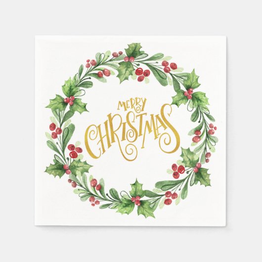 Serviette En Papier Festive Holly Wreath - Gold Foil Joyeux Noël (Devant)
