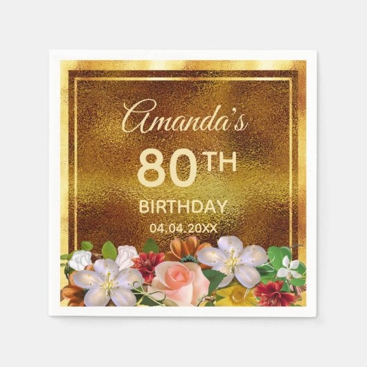 Serviette En Papier Fête 80e anniversaire or blanc fleurs roses (Devant)