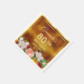 Serviette En Papier Fête 80e anniversaire or blanc fleurs roses (Coin)