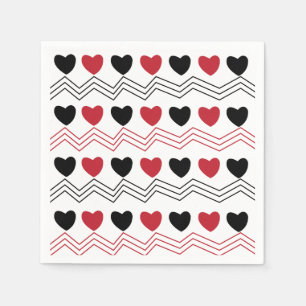 Serviette En Papier Fête à motif à rayures chevron cœurs rouges noirs