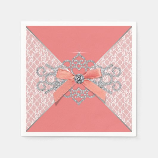 Serviette En Papier Fête au thème de dentelle diamantée corail (Devant)