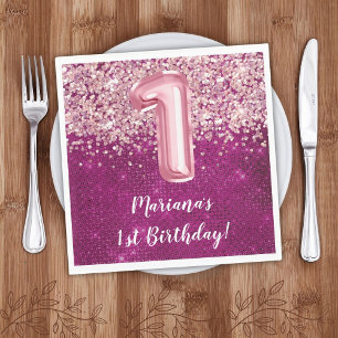 Serviette En Papier Fête d'anniversaire 1 an fille rose magenta