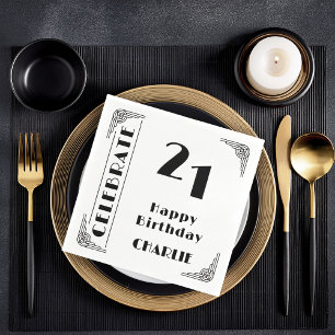 Serviette En Papier Fête d'anniversaire 21 ans élégante Art Déco noir 