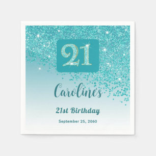Serviette En Papier Fête d'anniversaire 21 ans Paillettes de turquoise