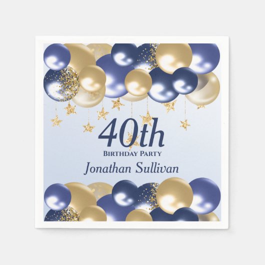 Serviette En Papier Fête d'anniversaire 40 ans ballons dorés et bleus  (Devant)