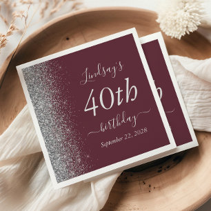 Serviette En Papier Fête d'anniversaire 40 ans Burgundy Silver Glitter