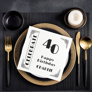 Serviette En Papier Fête d'anniversaire 40 ans élégante Art Déco noir 