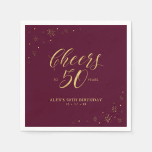 Serviette En Papier Fête d'anniversaire 50 ans moderne Or et Bourgogne