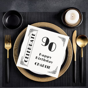 Serviette En Papier Fête d'anniversaire 90 ans élégante Art Déco noir 