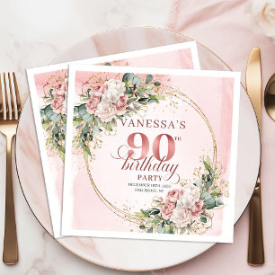 Serviette En Papier Fête d'anniversaire 90 ans Floral Aquarelle Rose P