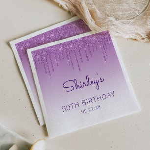 Serviette En Papier Fête d'anniversaire 90 ans Fun Purple Glitter Drip