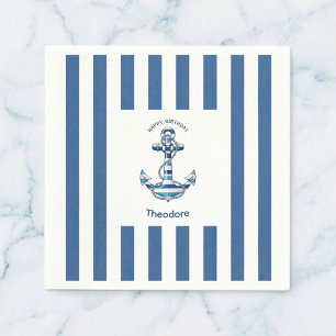 Serviette En Papier Fête d'anniversaire à rayures nautiques et ancre