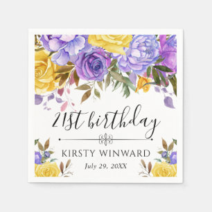Serviette En Papier Fête d'anniversaire aux fleurs violettes et jaunes