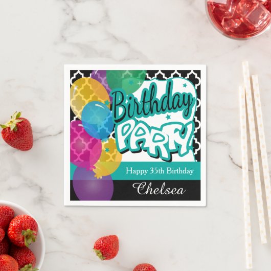 Serviette En Papier Fête d'anniversaire avec ballons en Turquoise (En situation)