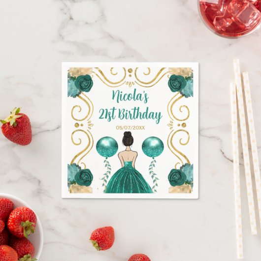 Serviette En Papier Fête d'anniversaire Brown Hair Princesse en Turquo (En situation)