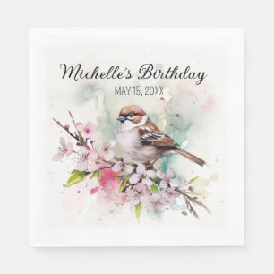 Serviette En Papier Fête d'anniversaire Cerisier Fleur Moineau Mignon