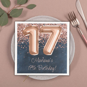 Serviette En Papier Fête d'anniversaire de 17 ans Rose Gold Navy Blue