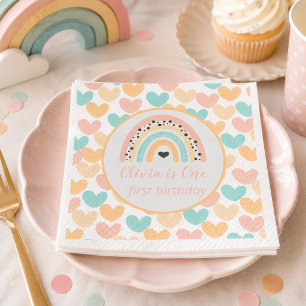 Serviette En Papier Fête d'anniversaire de 1 an Arc-en-ciel & Cœurs