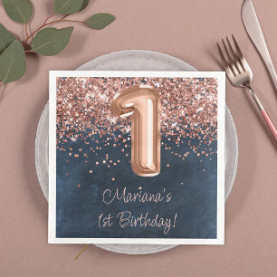 Serviette En Papier Fête d'anniversaire de 1 an Rose Gold Navy Blue