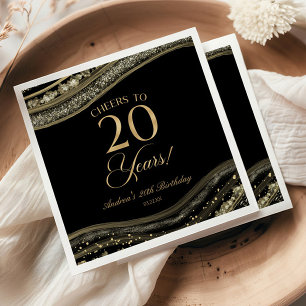 Serviette En Papier Fête d'anniversaire de 20 ans en Agate Noire et Or