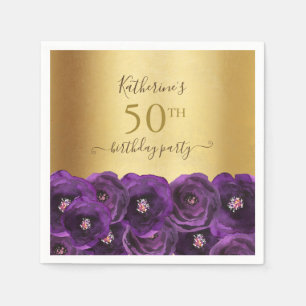 Serviette En Papier Fête d'anniversaire de 50 ans Chic Rose Fleurie Or