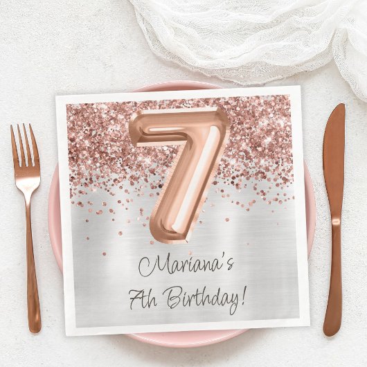 Serviette En Papier Fête d'anniversaire de 7 ans Rose Gold Argent