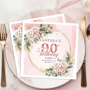 Serviette En Papier Fête d'anniversaire de 90 ans Rose Gold Floral Bri