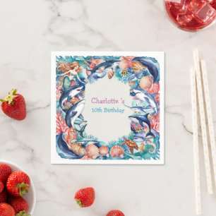 Serviette En Papier fête d'anniversaire de la baleine de requin-sirène